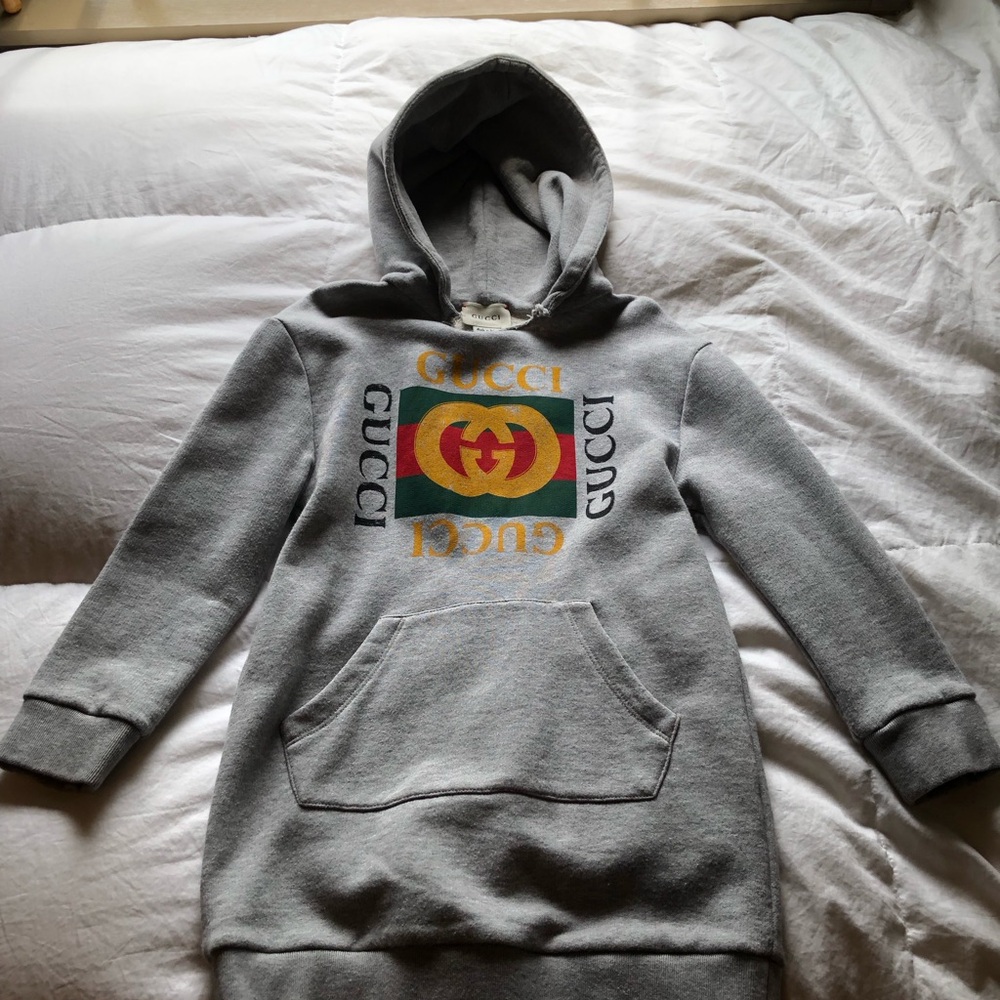 Gucci Kids Gray Hoodie Dress with Retro Logo Colors Sz 6